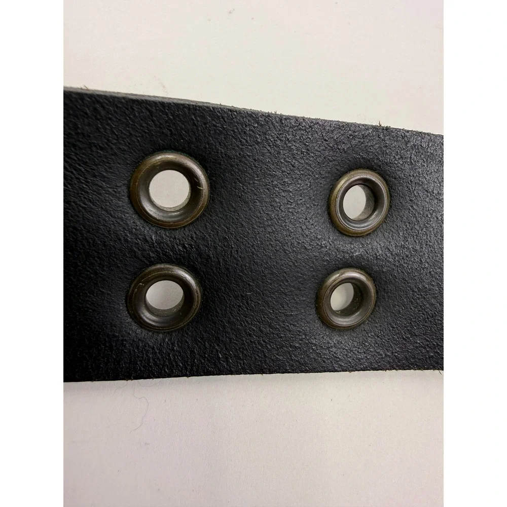 Black Genuine Leather Double Grommet Belt Punk Grunge Double Prong Buckle Large